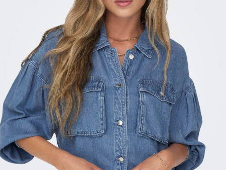 ONLY LOVA LS CROP DENIM SHIRT Online now